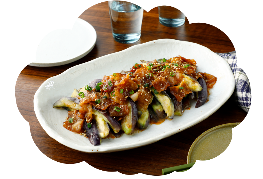 冷やしなすのこんがり豚バラ甘酢だれ
